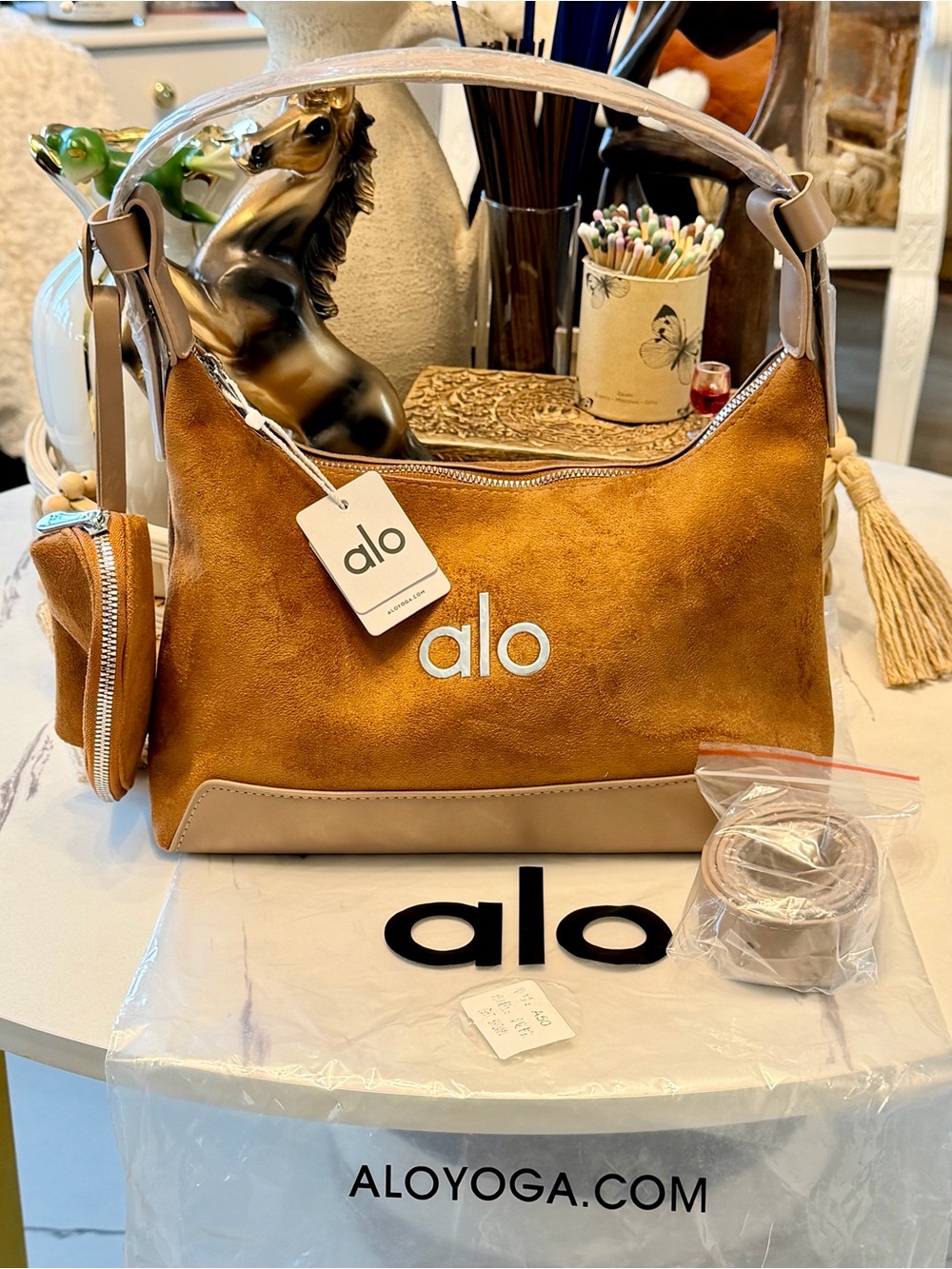 ALO Yoga Suede Shoulder Bag in Camel Brown and Tan